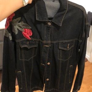 Oversized rose embroidered denim jacket